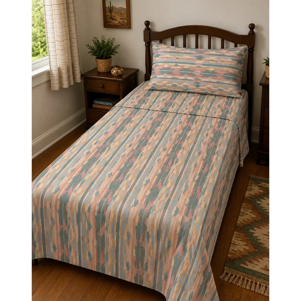 Lady Pepperell Sheet Set Twin Pink Blue Southwest Excellent Vintage Percale USA